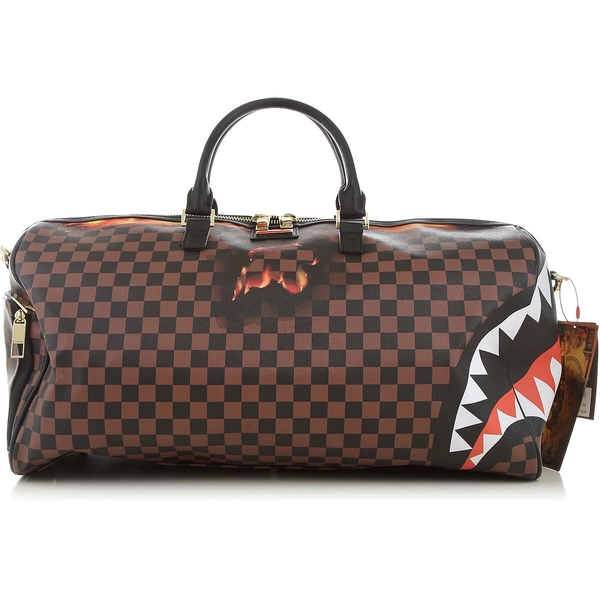 SPRAYGROUND DUFFLE TRAVEL BAG BROWN SHARK IN PARIS BLACK SPLIT FLAMES BRAND NEW