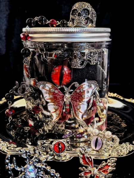 Handmade Gothic Mystery Jewelry Jar, Spooky Witch Rings, Earrings, Necklace Set