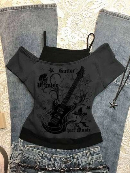 Attitoon Women's Casual Minimalist Guitar Graphic Retro Contrast Color Short Sleeve T-Shirt - Size XL