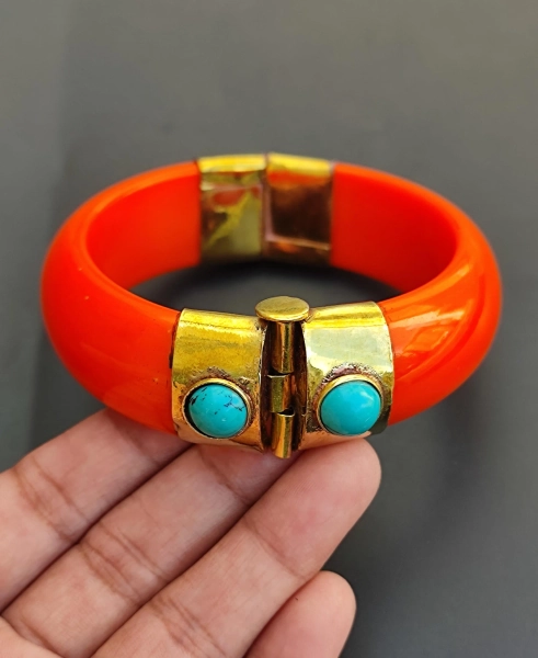 Handmade Brass Resin Bangle Bracelet, Synthetic Stone Boho Jewelry
