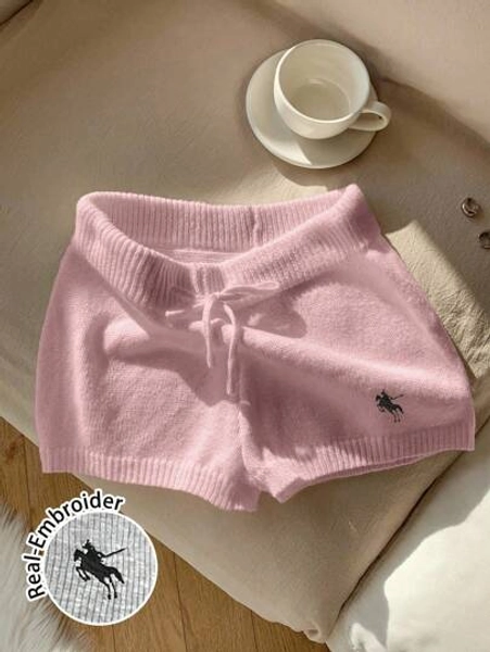 Comfortcana Women's Casual Pink Bodycon Mini Sweater Pants, Small Logo Embroidery,Fall