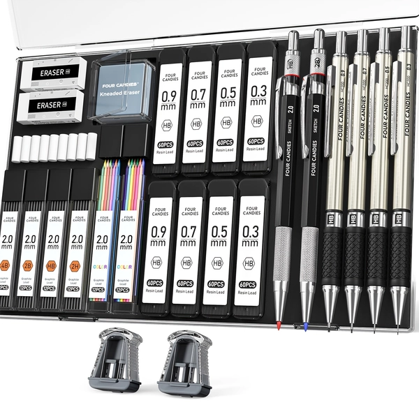 Four Candies 27pcs Art Mechanical Pencil Set with Case, 4pcs Metal Drawing Pencil 0.3, 0.5, 0.7, 0.9mm & 2pcs 2mm Lead Holder (HB 2H 2B 4B Color) with 552 Graphite Lead Refills for Drawing Sketching