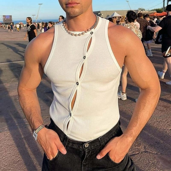 Men's Tank Top Sleeveless Shirt Muscle Shirt Sleeveless Crew Neck Summer Color Block Pit Strip Fashion Designer Muscle Hollow Out Buttons Outdoor Goin