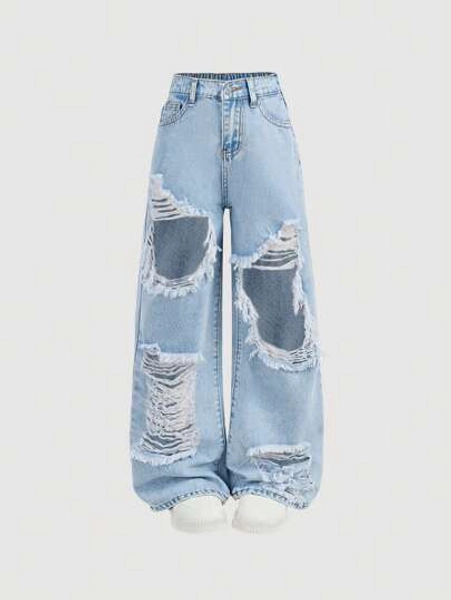 Tween Girls Y2K Summer Light Washed Cut Out Ripped Baggy Straight Leg Denim Jeans Pants,Girls Summer Beach Boho Vacation Causal Rave Concert Outfits
