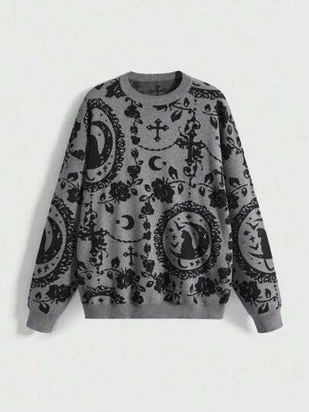 ROMWE Gothic Palace Cat Moon Chain Mysterious Black Cat Full Print Dark Pullover Sweater, Suitable For Halloween