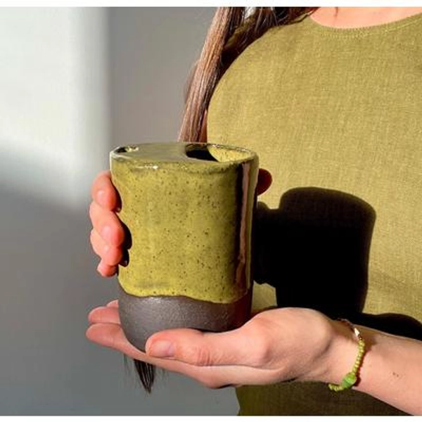 Handmade Ceramic Travel Mug - Matcha Green Collection, Stoneware Iced Coffee Sippy Cup, Earthy Pottery