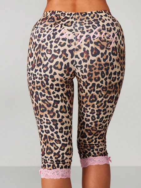 Missguided x Playboy Leopard Print Leggings With Pink Lace Trim