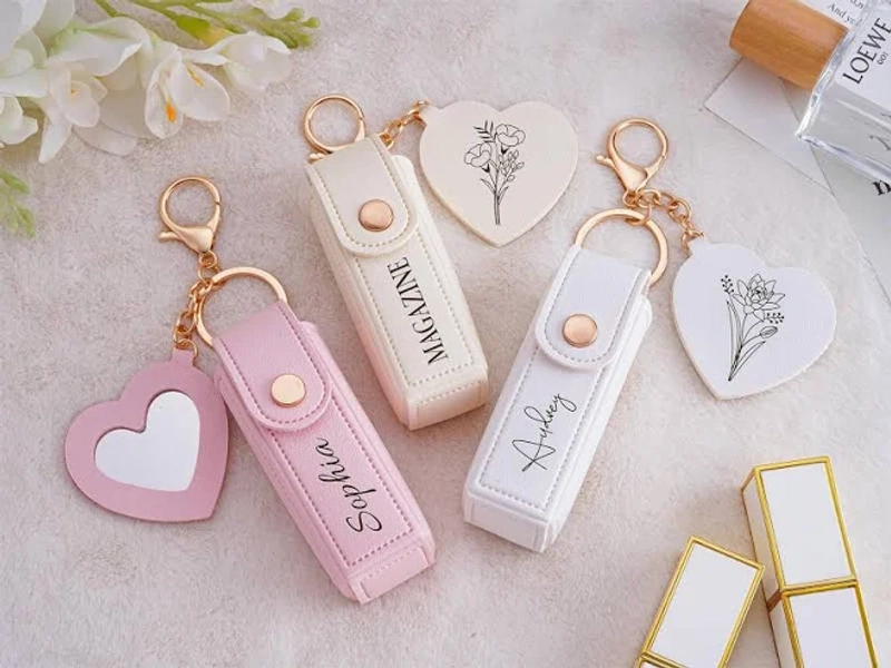 Custom Lipstick Bag with Mirror Keychain, Personalized Lipstick Holder as Christmas Gifts for Her, Elegant Engraving Lipstick Case