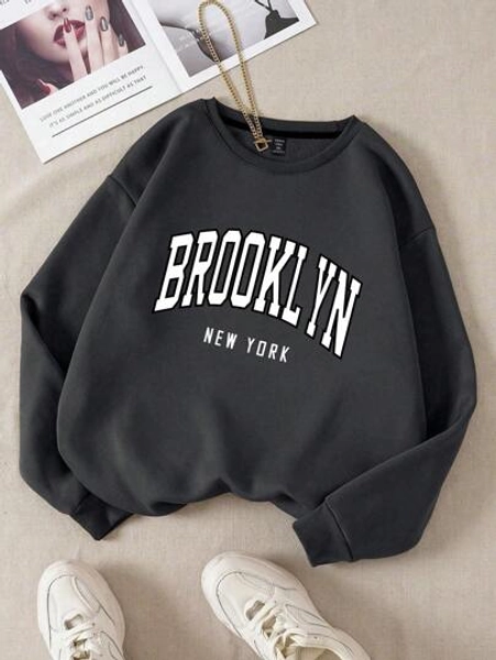 Flirla Plus Size Women's Letter BROOKLYN NEW YORK Graphic Thermal Lined Sweatshirt Graduation,Back To School,Graduation,Teacher For Women,Back To School Pullover Fall Winter Autumn