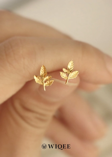 9K Solid Gold Leaf Stud Earrings, Dainty Minimalist Jewelry