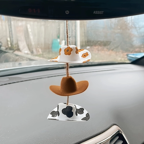 Cowboy Hat Car Charm - Country Rear View Mirror Hanging Accessories - Sunflower Cowgirl Hat Cow Print Car Decor - Cute Handmade Felt Mini Hat Ornament Pendant for Women Girls