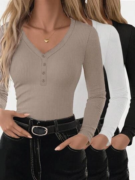 INAWLY 3pcs Women's Solid V-Neck Raglan Sleeve Fitted Casual Henley T-Shirt Set Fall Cloth For Women