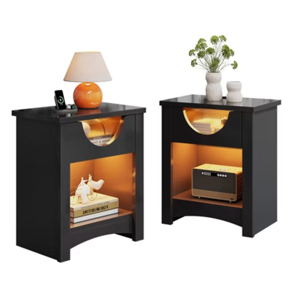 Bestier Nightstands Set of 2 with Charging Station, Modern LED End Table Bedside Table with Drawer for Bedroom & Living Room, Glossy Black