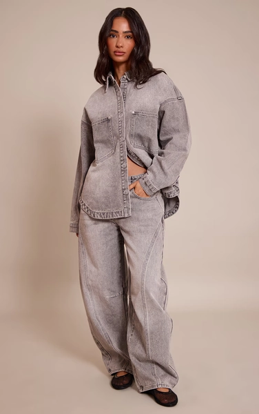 Petite Grey Seam Detail Barrel Jeans