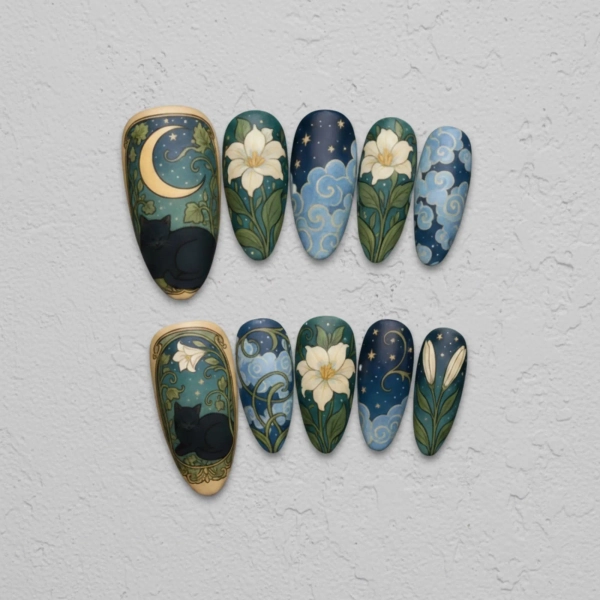 Midnight Garden Moon Cat Press On Nails, Celestial Floral Nails, Starry Night Sky Nail Art, Vintage Botanical Nails, Elegant Fantasy Nails