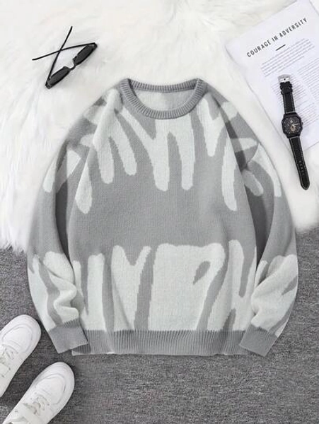 Claim Dot Men's Crew Neck Long Sleeve Graphic Detail Casual Sweater, For Fall Winter