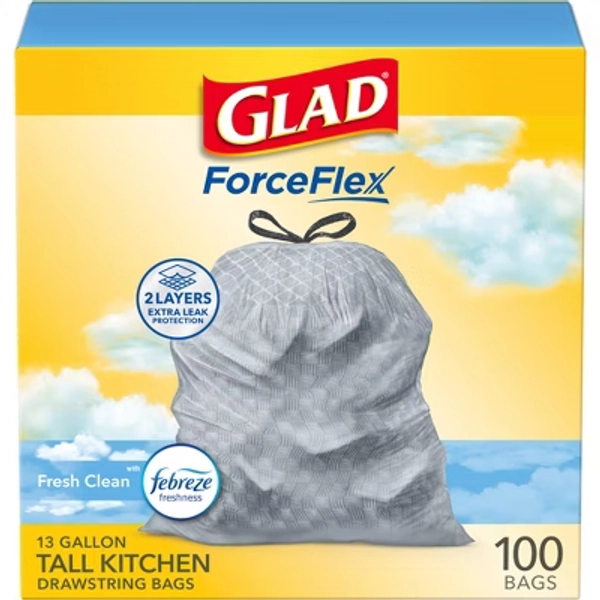 Glad Tall Kitchen Drawstring Trash Bags OdorShield 13gal - Febreze Fresh Clean - Gray - 100ct