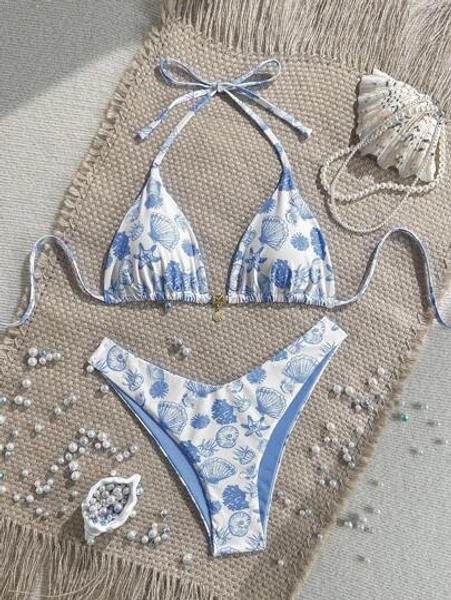 Swim Mod 2pcs/Set Summer Holiday Random Metallic Golden Shell Decor Halter Neck Triangle Bikini Top And High Cut Bikini Bottom, Sexy Bikini Set