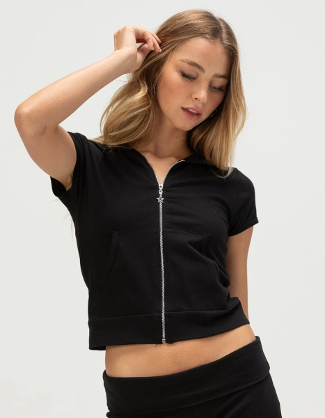 FULL TILT Womens Zip-Up Short Sleeve Hoodie - BLACK - XS