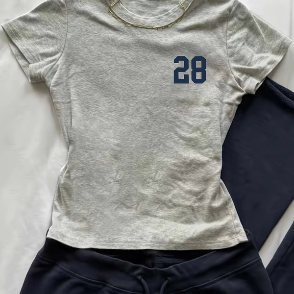 00008- Women's Casual Top with Number 28 Print, Simple European and American Fashion, Baidu Summer American Style Short-Sleeve T-Shirt - CC102