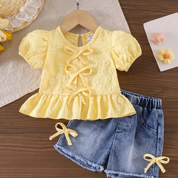 Baby Girl Casual Bubble Short-Sleeve Top with Bow on Chest And Ruffled Hem + Shorts 2pcs Set P102623, for Outdoor