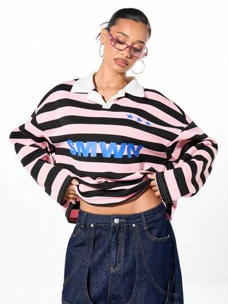 SUMWON WOMEN Oversized Contrast Stripe Rugby Polo With White Collar Long Sleeve Top Fall Casual Streetwear
