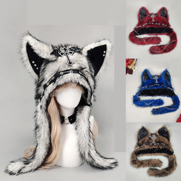 Gothic Y2K Style Furry Cat Ear Hat with Cross | Warm, Breathable Winter Cap for Role Play, Halloween, Christmas, Anime Conventions, Ideal Gift for Fashion Enthusiasts