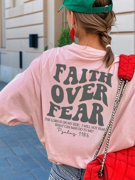 Ladies' Spring And Summer New Style Faith Over Fear Letter Print Daily Casual Round Neck Short Sleeved T-Shirt, Fashionable Vacation Style, Your Daily Necessity. Vacation Outfits Women Graphic Tees Women White Top