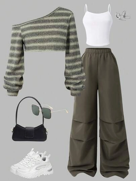 3pcs Casual Knit Camisole, Suspender & Wide Leg Pants Set, Comfortable & Fashionable For Teens, Suitable For Outdoor Sports, Leisure And Daily Wear, Oblique Shoulder Design