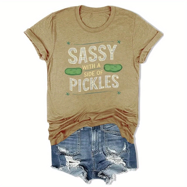 Women'S Funny Graphic T-Shirt - "Sassy With A Side Of Pickles" Turquoise Tee - Soft Everyday Casual Shirt For Women - Pickle Lover Gift Idea - Machine Washable Everyday Outfit Essential, Ladies T Shirts, Relaxed Clothing, Statement Shirt