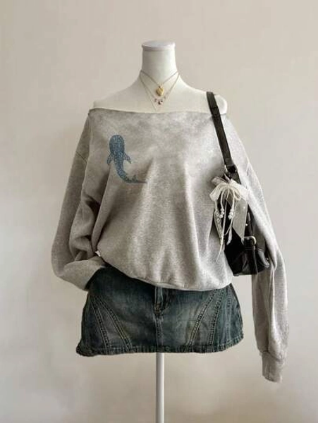 Attitoon Casual Vacation Style Blue Whale Graphic Loose Fit Off-Shoulder Long Sleeve Sweatshirt For Women, Suitable For Fall/Winter