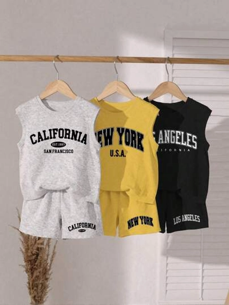 6pcs/Set Toddler Boys' Letter Print Round Neck Sleeveless Vest And Shorts Casual Outfit, 1 Grey Set, 1 Yellow Set, 1 Black Set, Minimalist Streetwear Suitable For Outdoor Sports, Daily Wear, Spring, Summer, Autumn, All Seasons, US, Los Angeles, California, New York