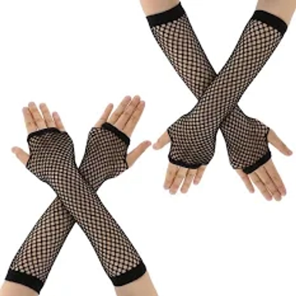 2 Pairs Neon Fishnet Mesh Gloves - Long Fingerless Arm Sleeves for 80s Party Cosplay Costume Accessories (Black)