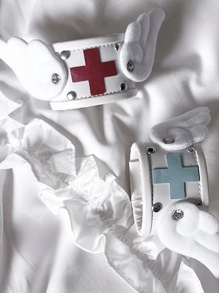 [£6.70]Blue&White/Red&White Cross Yami Kawaii Wing PU Bracelet
