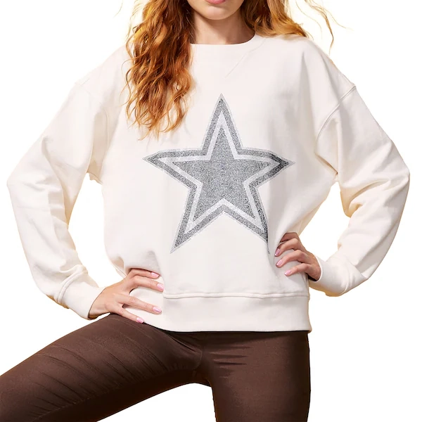 Women's Terez  White Dallas Cowboys Gems Fleece Crewneck Sweatshirt