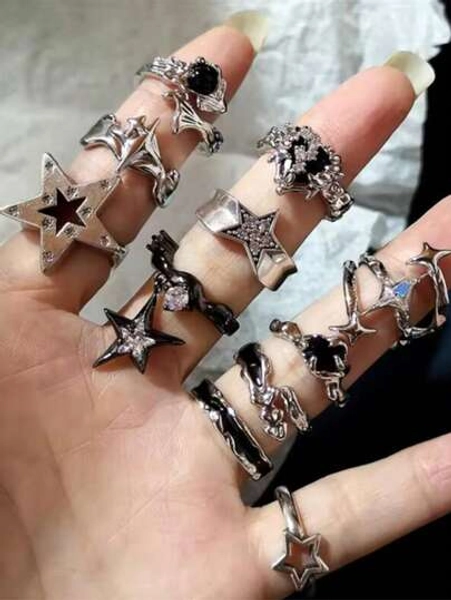 Kpop Goth Punk Vintage Aesthetic Geometric Asymmetrical Star Silver Color Ring For Women Egirl Grunge Y2K EMO Jewelry Accessories