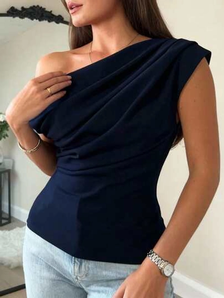 Elegant Minimalist Chic Asymmetric Shoulder Cropped Top, Slim Fit Blouse For Women