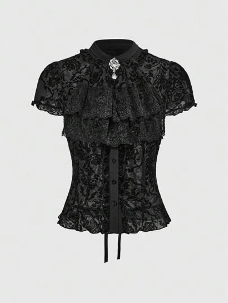 ROMWE Women Vintage Gothic Baroque Style Sheer Mesh Flocked Detachable Ruffle Tie Collar Rhinestone Pendant Lace-Up Frill Sleeves Black Blouse - Size XS