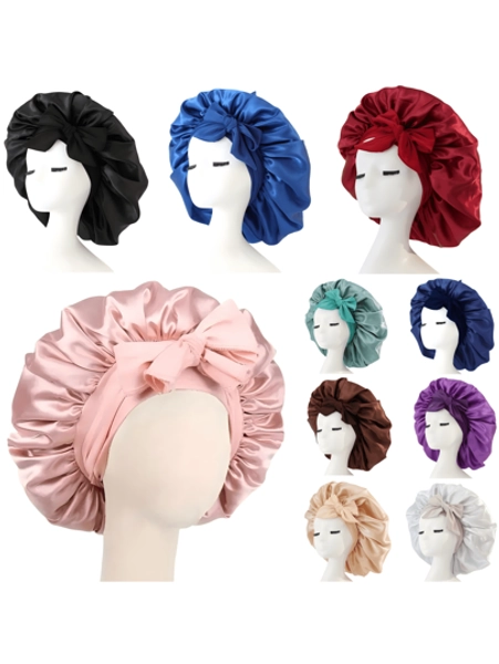 [Pink Satin Bonnet] Soft Luxurious Pink Satin Bonnet - Adjustable Tie Band & Bow Accent, Comfortable Ruffled Design For A Snug Fit, Hair Protection | Satin Cap | Smooth Satin Finish For Women & Men
