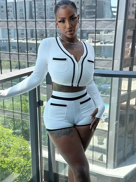 Sisterlinda Stripe Fashion 2-Piece Set Women Pocket Decoration Zip o-Neck Long Sleeve Crop Tops+Elastic Waist Shirt Skinny Suits - AliExpress 200000345