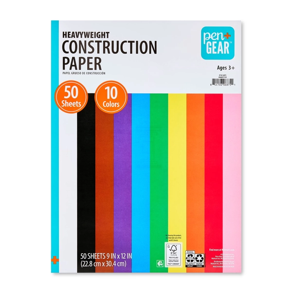 Pen+Gear Heavyweight Construction Paper, Assorted Colors, 9" x 12", 50 Sheets - Walmart.com