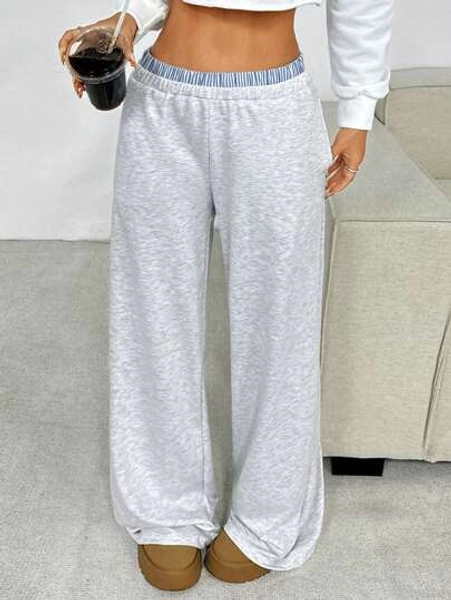 SHEIN Tween Girl Loose Casual Color-Block Hem Simple Comfortable High Waist Wide Leg Pants