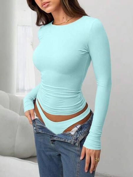 Elegant & Versatile Women Plain Crew Neck Long Sleeve Ruched Fitted Slim Fit T-Shirt,Suitable For Summer And Autumn/Winter Seasons