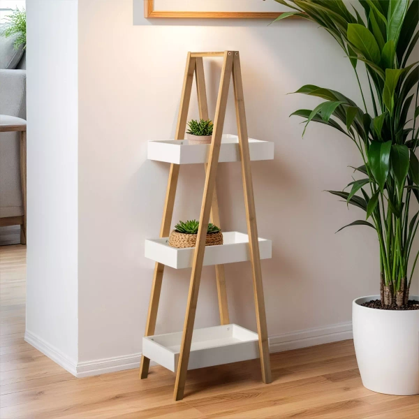 Etagère bois et bambou (H84 cm) Pyramide 3 niveaux Blanche