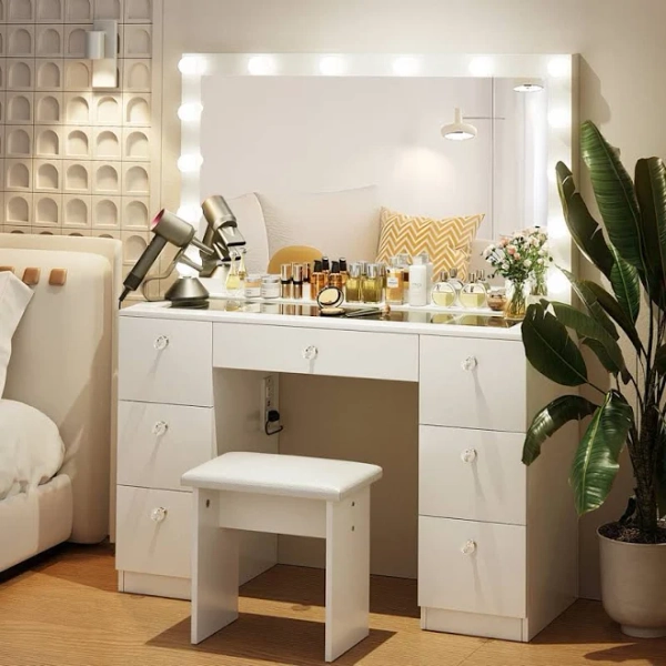 White Lighted Makeup Vanity Set with Glass Top, Outlet, and 7 Drawers