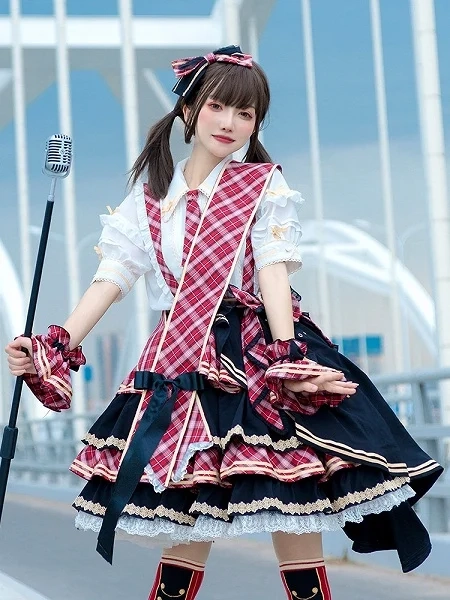 [£71.59]Red & Black Plaid Ruffled Layers Skirt with Straps + Blouse + Sash Full Set for Idol Performance