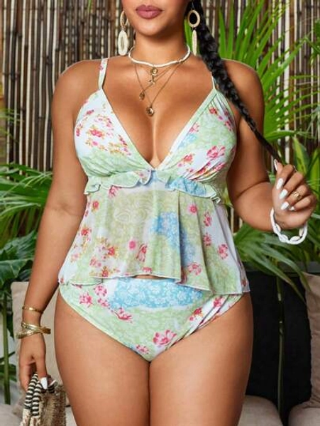 Swim Vcay Plus Size 2Pcs Women Holiday Floral Random Print Ruched Adjustable Strap Bikini Set For Summer Beach Vacation