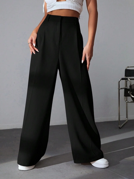 SHEIN EZwear Calça Casual Versátil de Cintura Alta e Perna Larga em Cor Sólida