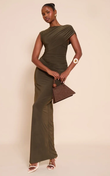 Khaki Double Layer Slinky Off Shoulder Drape Bodycon Maxi Dress