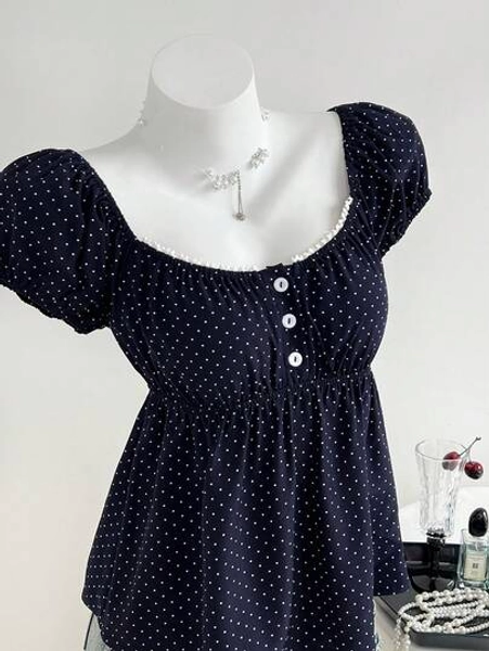 Elamini Women's Comfortable Square Neck Polka Dot Print Short Sleeve Blouse